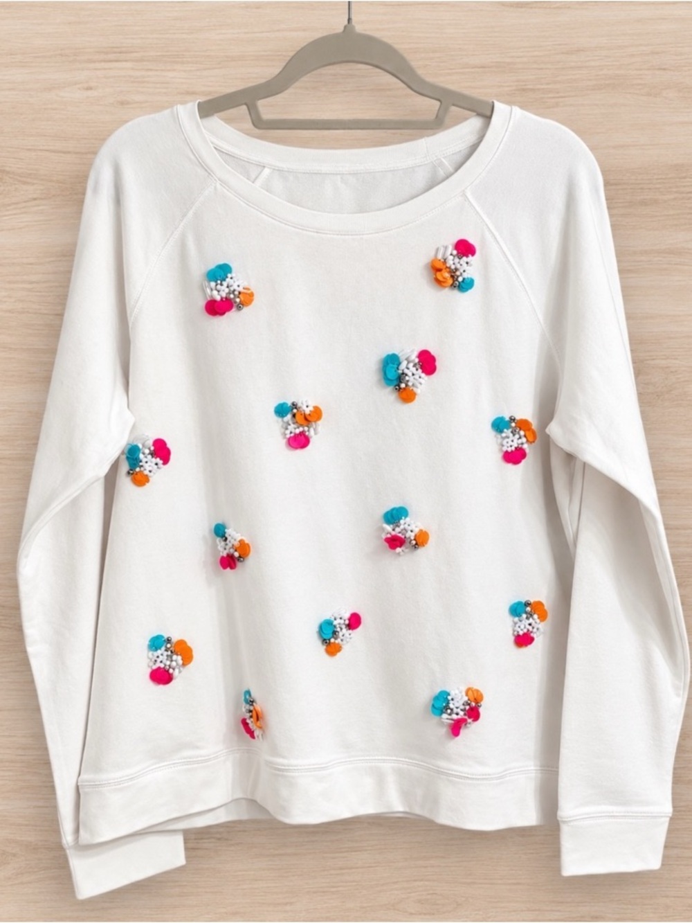 aerie White Crewneck Sweatshirt with Colorful Pom-Pom Clusters